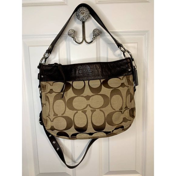 Coach F14708 Zoe Signature Brown Convertible Shoulder Crossbody Hobo Bag - Picture 1 of 9